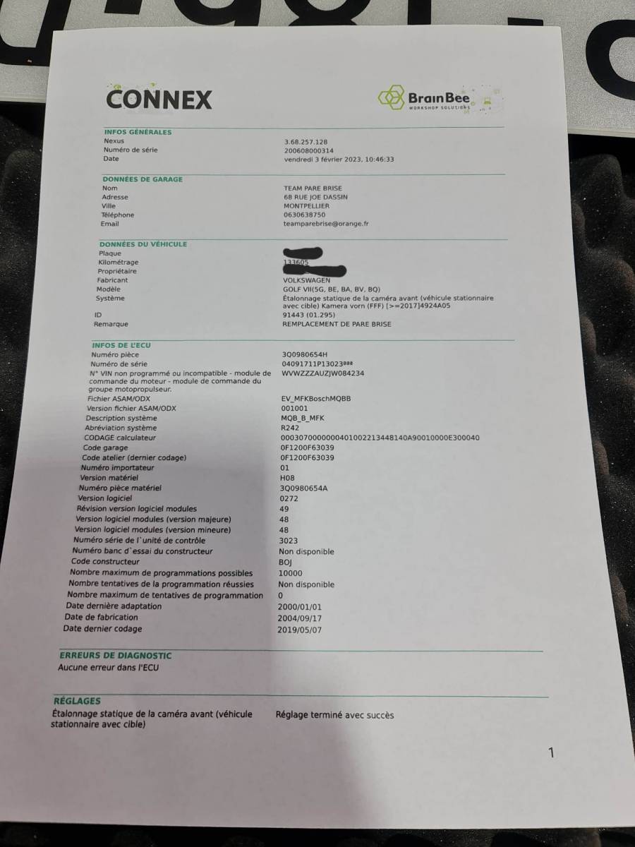 certificat de calibration de l'adas suite au remplacement de pare brise 